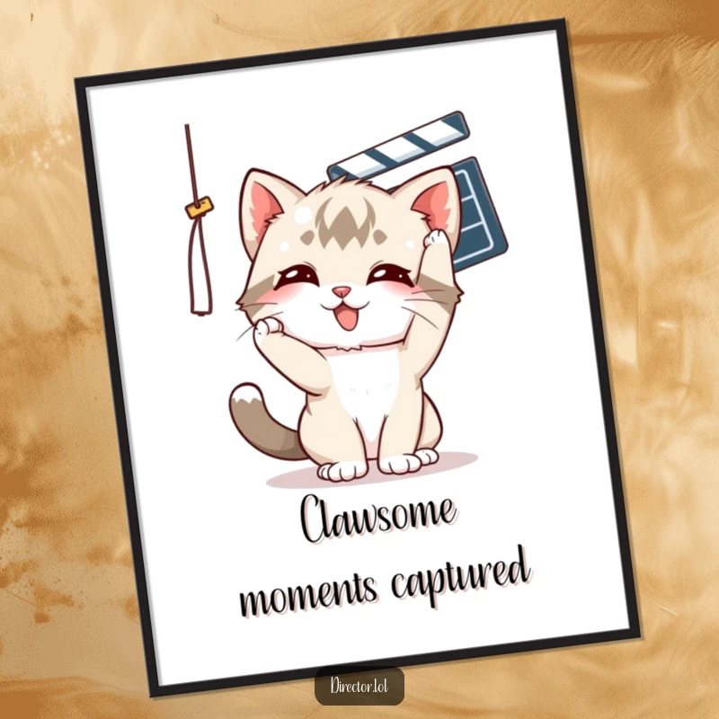 Funny Free Printable Wall Art of a playful cartoon kitten batting at a dangling movie clapper with a grin.