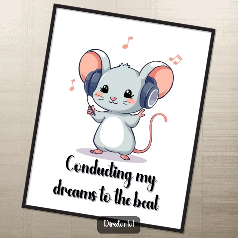 Funny Free Printable Wall Art: A tiny mouse in huge headphones passionately conducts an invisible orchestra with flair.