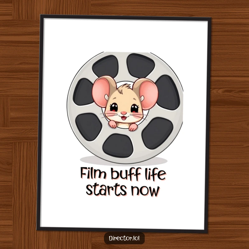 Funny Free Printable Wall Art: Excited mouse peeking from giant film reel, ready for the show, a downloadable art.