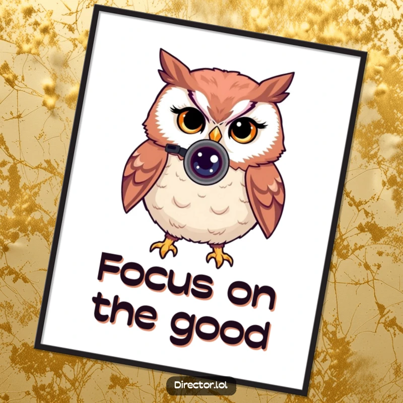 Funny Free Printable Wall Art: Proud owl peers through tiny camera lens, winks with a knowing expression.