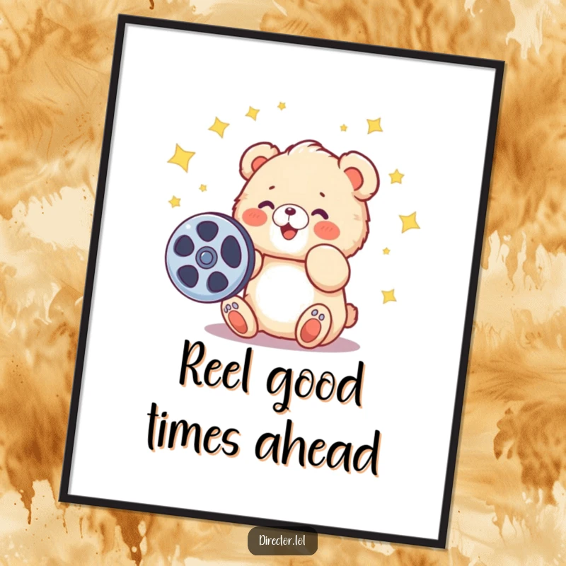 Funny Free Printable Wall Art of a fluffy bear cub gleefully spinning a film reel with bright stars.