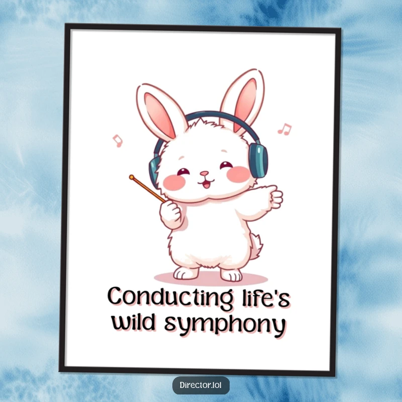 Funny Free Printable Bunny Conductor Wall Art: A fluffy bunny in headphones enthusiastically leads an invisible orchestra with a tiny baton.