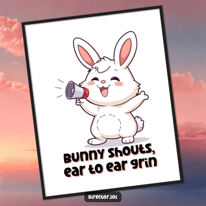 Funny Free Printable Wall Art: Fluffy bunny with a happy grin gestures wildly with a small megaphone, spreading joy.