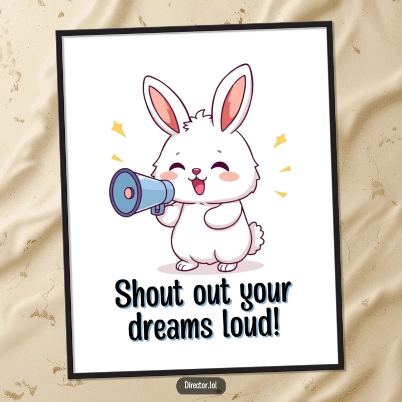 Funny Free Printable Wall Art: Fluffy bunny with a megaphone shouts commands with a delighted expression, a fun leader.