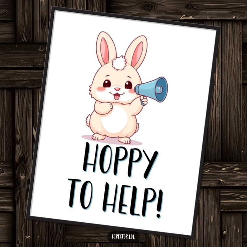 Funny Free Printable Wall Art: Fluffy bunny in beret enthusiastically waving tiny megaphone, bringing joy and cheer.