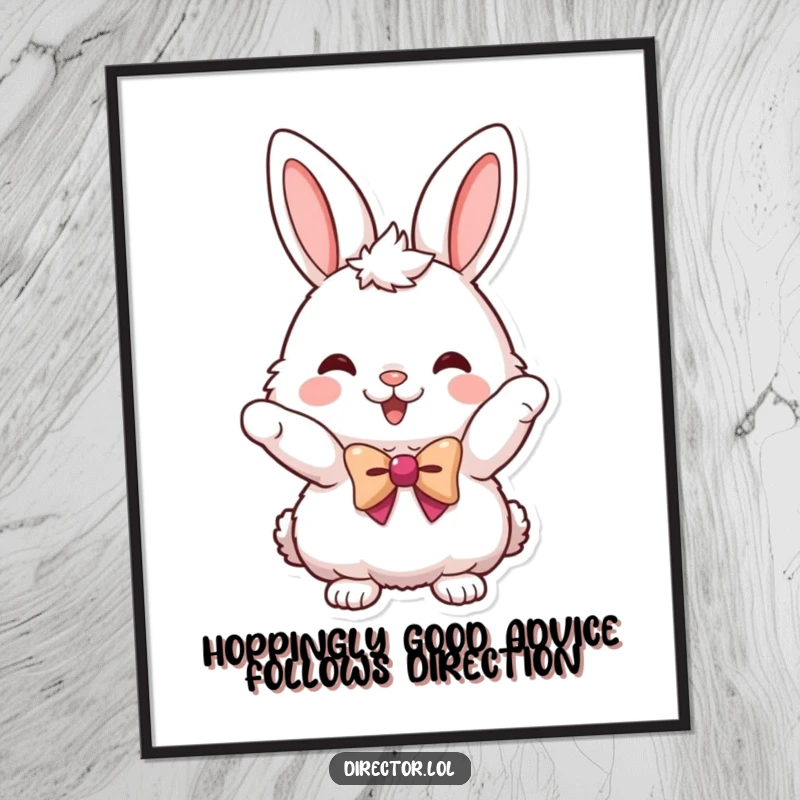 Funny Free Printable Wall Art: A fluffy bunny in a tiny bowtie excitedly points, adding humor to any room decor.