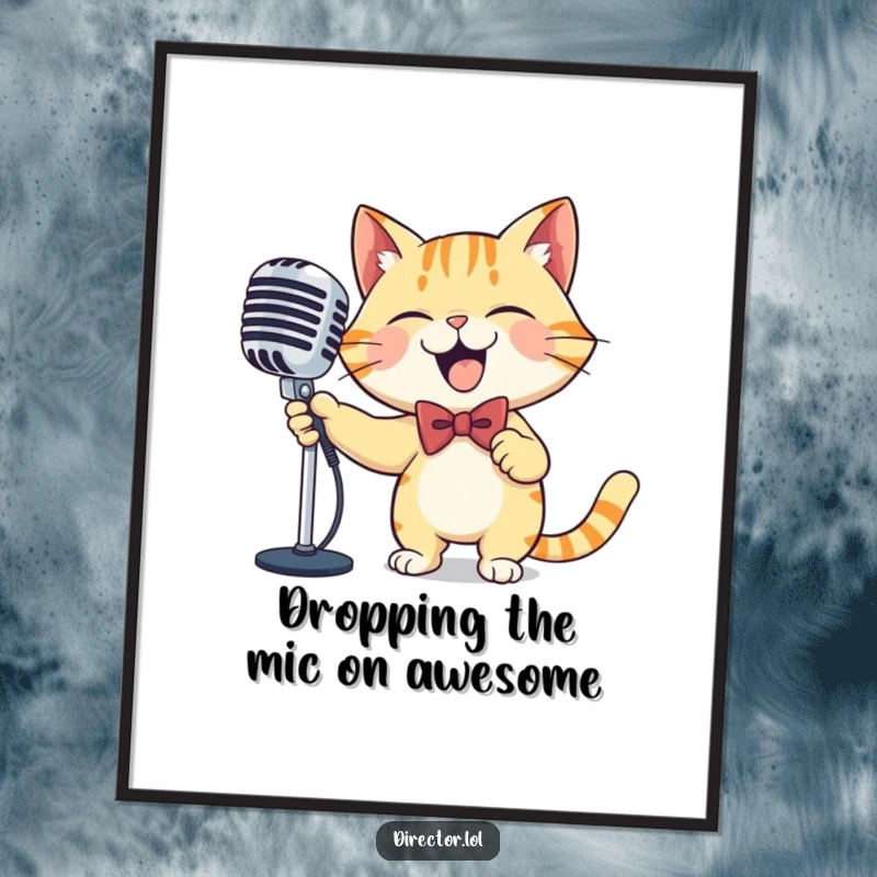 Funny Free Printable Cat MC Wall Art: A giggling cat in a bowtie dramatically sweeps a large, ornate microphone with pure delight.