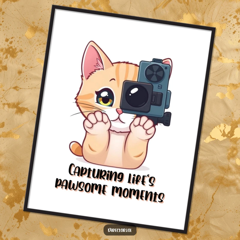 Funny free printable wall art of a curious cat with sparkling eyes playfully pawing at a movie camera.