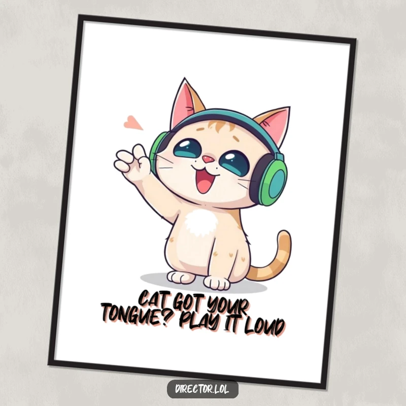 Funny Free Printable Wall Art: A cat with oversized headphones gestures wildly, setting a cool, humorous vibe.