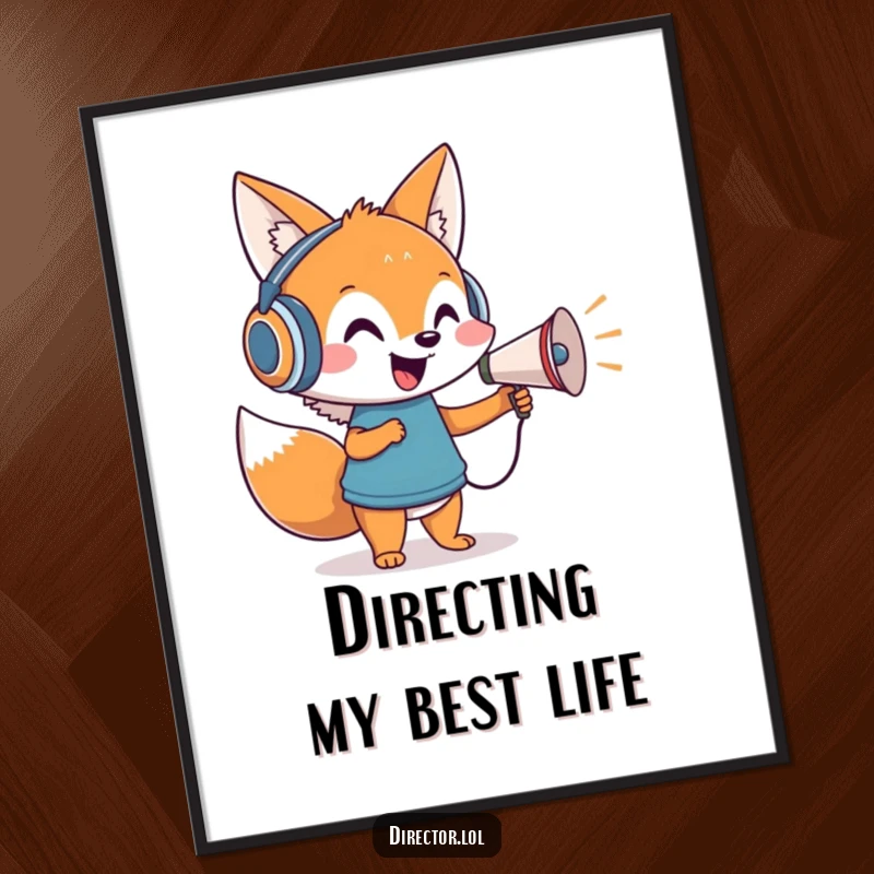 Funny Free Printable Wall Art of a cheerful fox with headphones directing with a tiny megaphone.