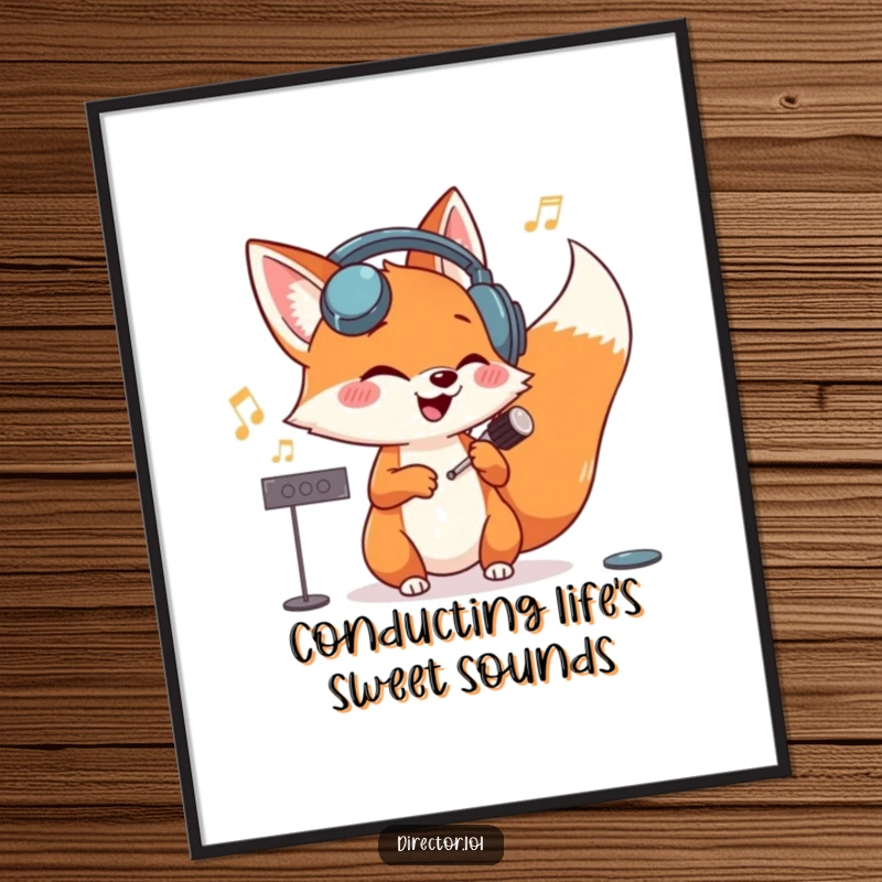 Funny Free Printable Wall Art: Giggling fox wearing oversized headphones conducts an invisible orchestra with pure glee.