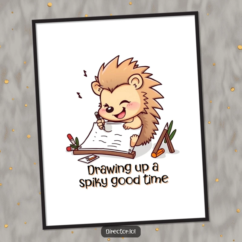 Funny Free Printable Wall Art: Determined hedgehog drawing furiously on a storyboard with a big, cheerful smile.