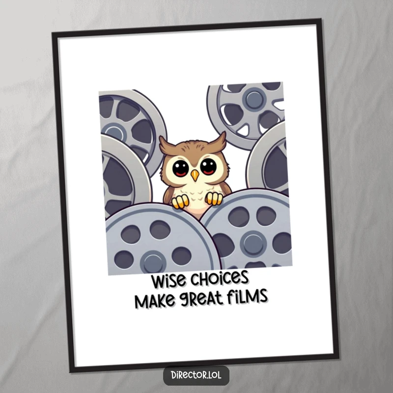 Funny free printable wall art of a happy owl peeking over enormous film reels with a curious gaze.