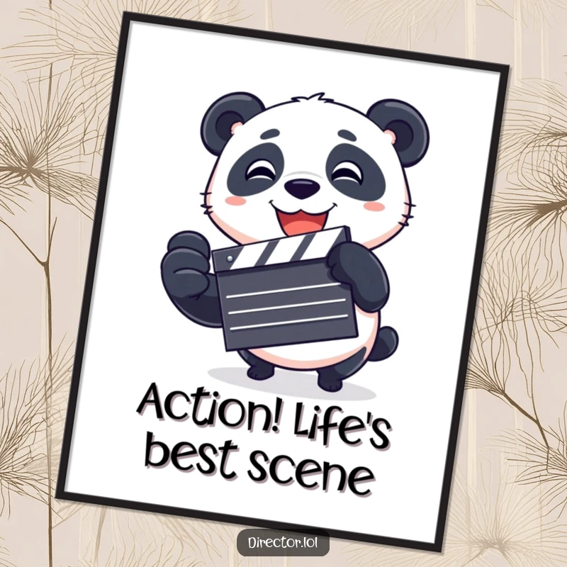 Funny free printable wall art of a playful panda with a huge grin, spinning a movie clapboard.