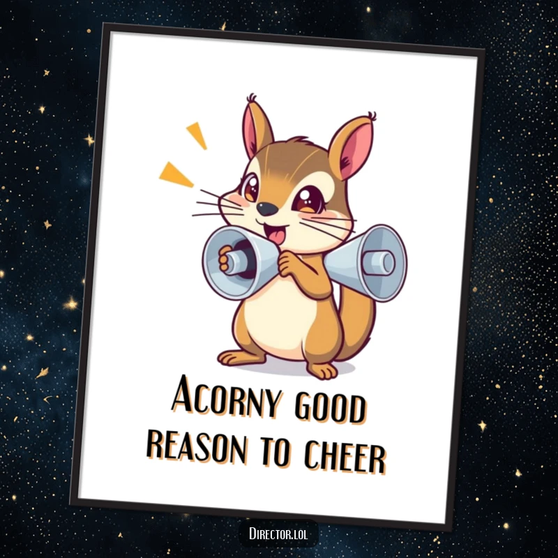 Funny free printable wall art of a determined squirrel in a tiny megaphone, shouting with bright, sparkling eyes.