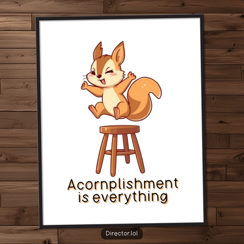 Funny Free Printable Wall Art: Energetic squirrel character focused on leaping onto a high stool.