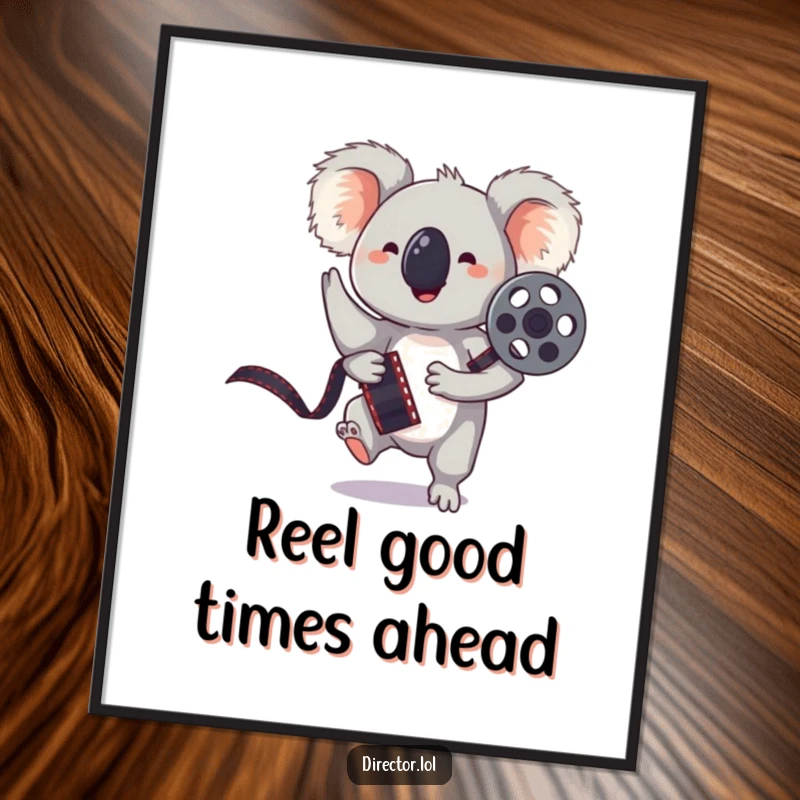 Funny Free Printable Wall Art: Bouncing koala holding a film reel, striking a playful pose, ready for the big screen.