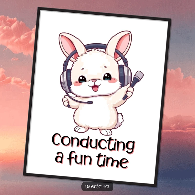 Funny Free Printable Wall Art: Fluffy bunny wearing headphones, energetically waving a tiny baton like a conductor.