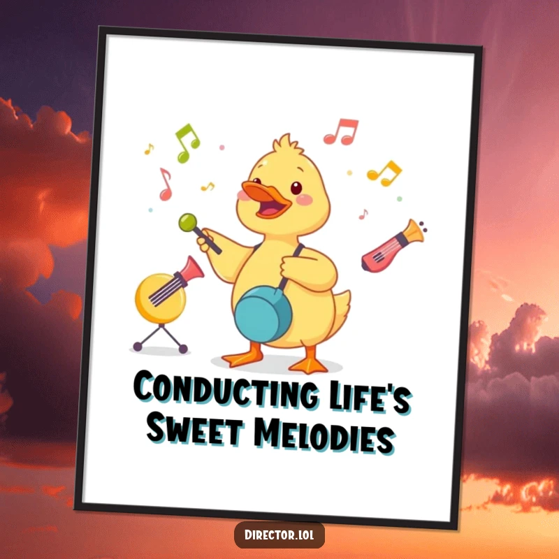 Funny Free Printable Wall Art: A cute duckling energetically conducts a symphony of toy instruments, artistic and cheerful decor.