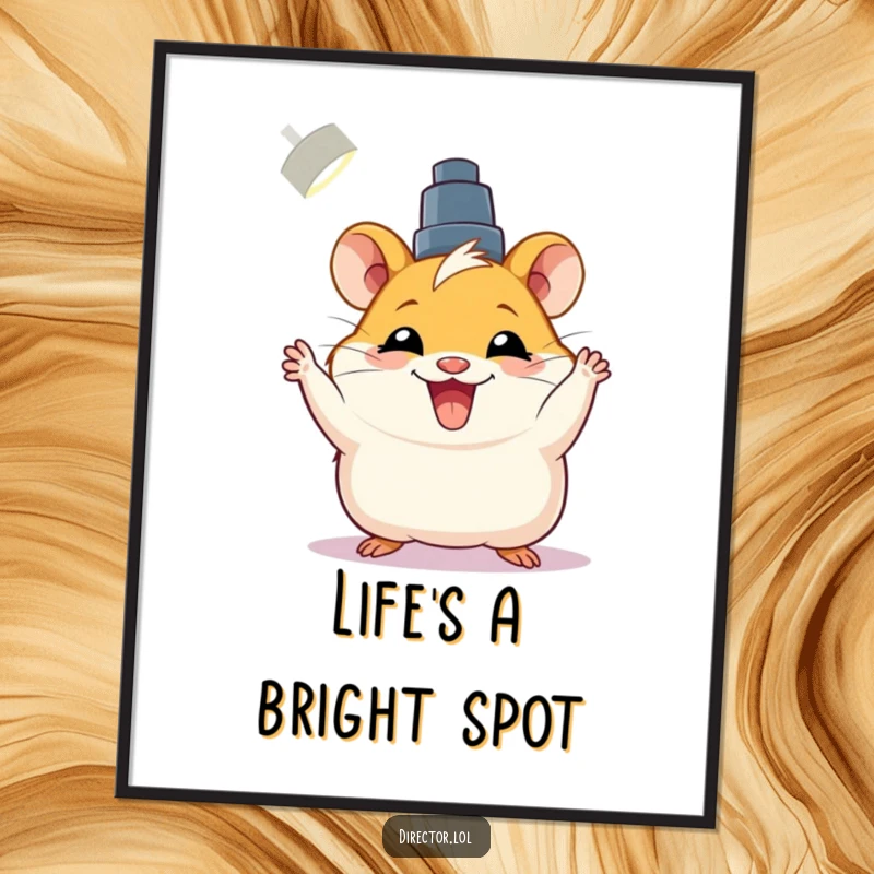 Funny Free Printable Wall Art: Joyful hamster with bright grin enthusiastically adjusts a spotlight.
