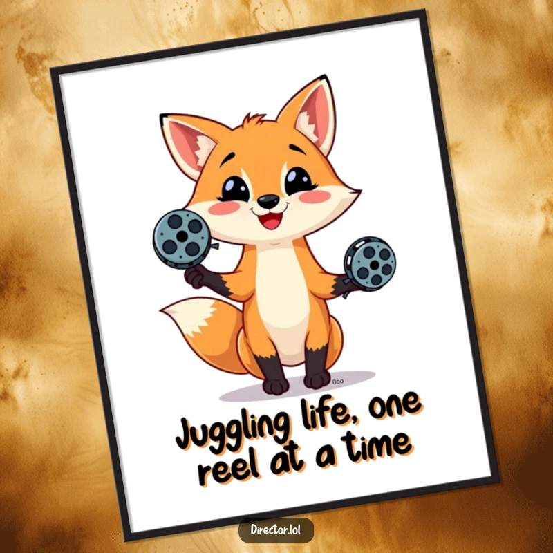 Funny Free Printable Wall Art: A mischievous fox balances three film reels in the air, showcasing its directorial flair.