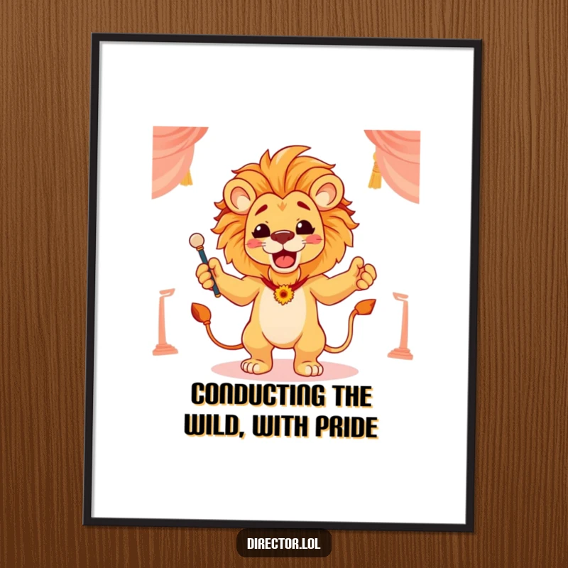 Funny Free Printable Wall Art: A proud lion conducting a scene with flourish, embodying charismatic leadership and artistic director vibes.