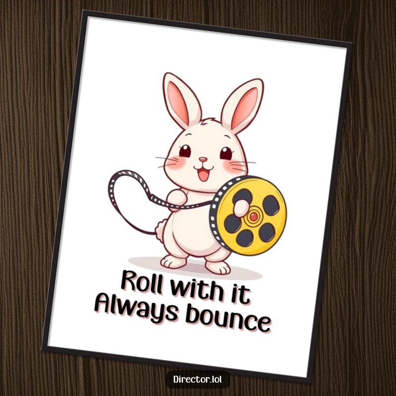 Funny Free Printable Wall Art: A playful rabbit is happily skipping rope with a film reel.