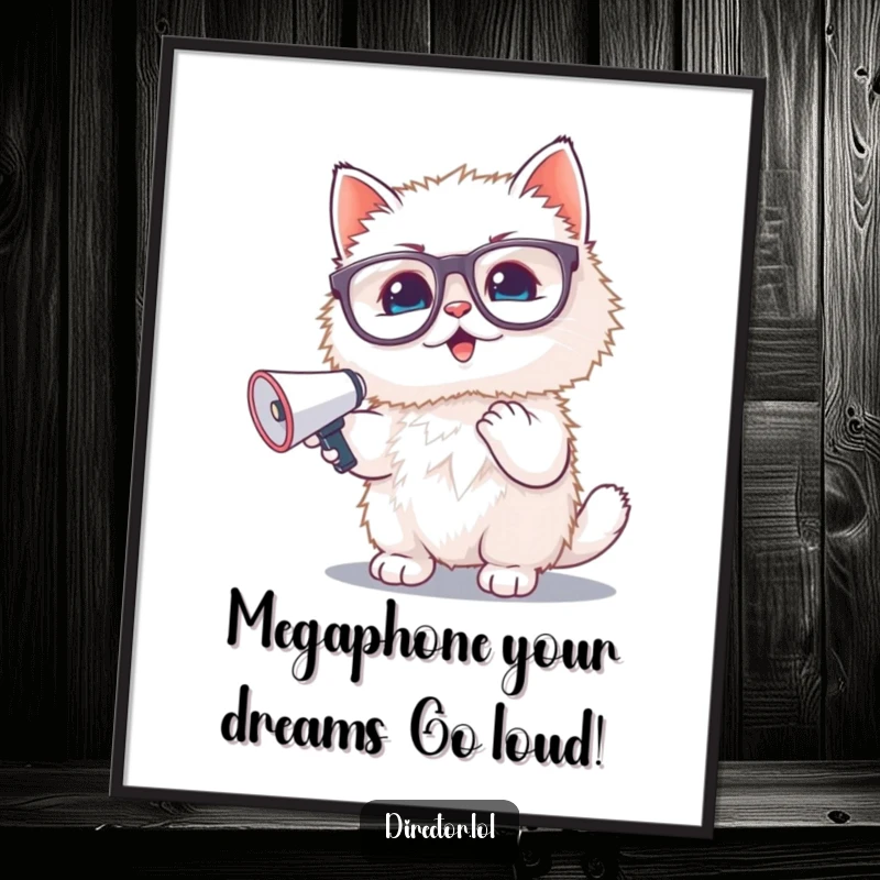 Funny Free Printable Wall Art: Adorable fluffy kitten wearing glasses enthusiastically waves a tiny megaphone, creating a joyful, eye-catching design.