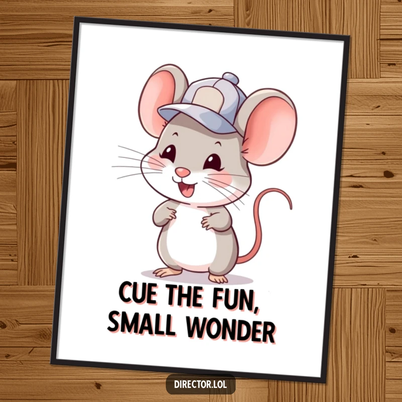 Funny Free Printable Wall Art of a smiling mouse in a cap enthusiastically cueing a scene with a wink, great for decor.