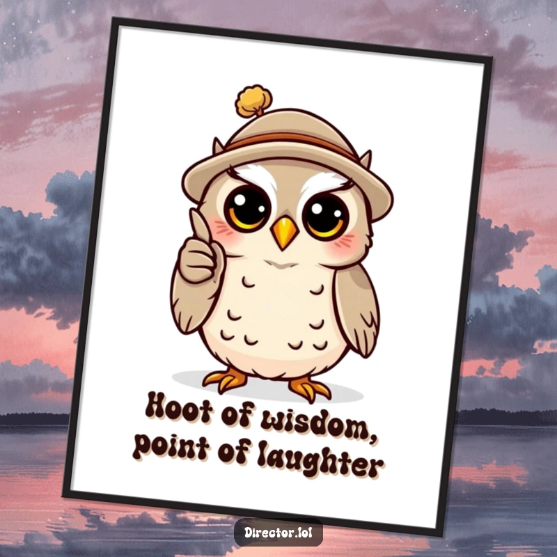 Funny free printable wall art featuring a happy owl in a small hat, dramatically gesturing with a miniature pointer, presenting a humorous lesson.