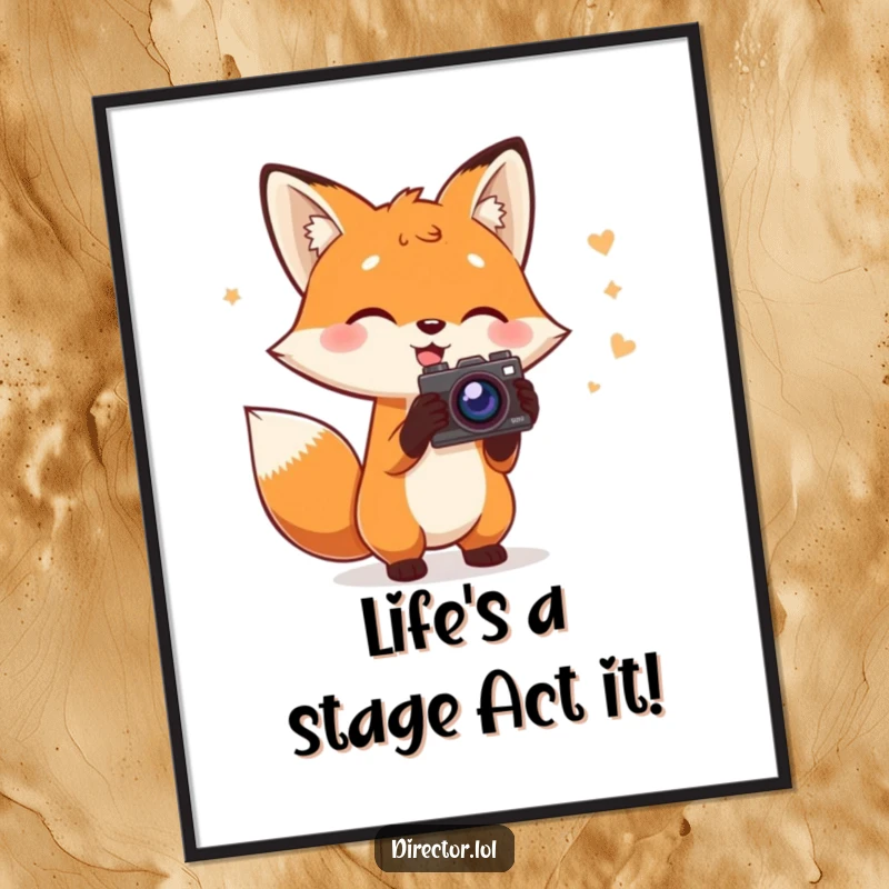 Funny Free Printable Wall Art: Charming fox with a script and prop camera gestures wildly, ready to make movies.