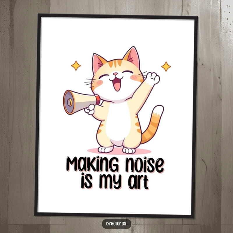 Funny Free Printable Wall Art: Kawaii cat holding a megaphone, calling out with paws in the air.