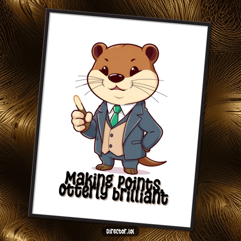 Funny Free Printable Wall Art of a sleek otter in a suit, dramatically gesturing with a glowing pointer, ideal for office humor.