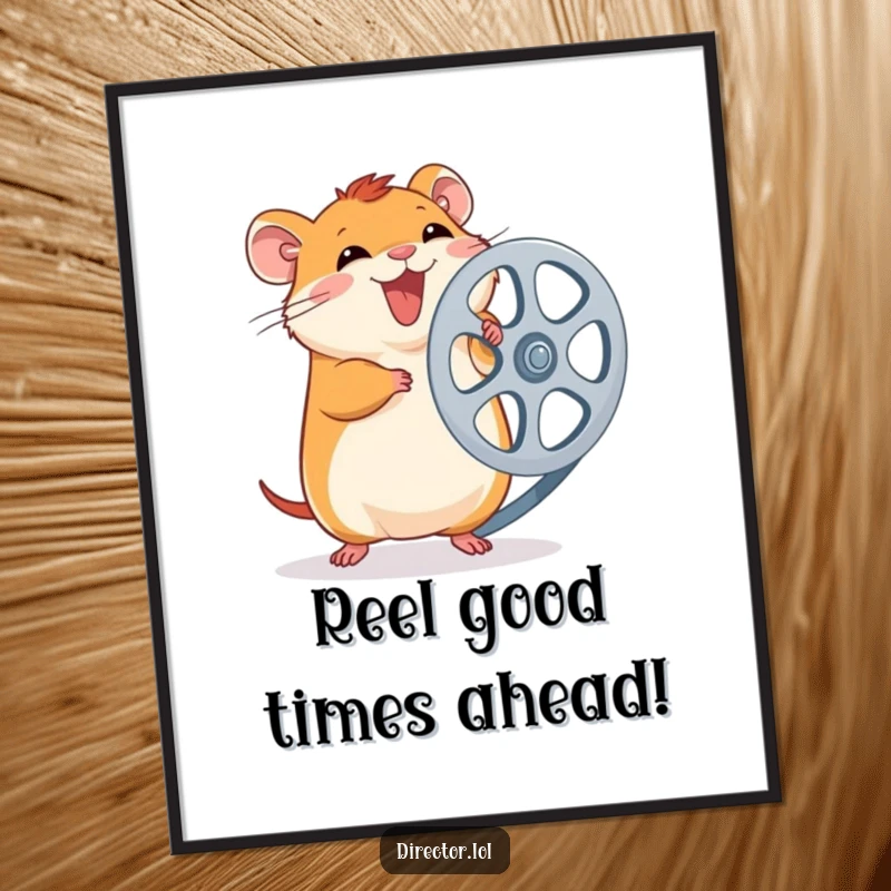 Funny Free Printable Wall Art: Giggling hamster spins a large film reel with excitement, adding a cinematic touch.