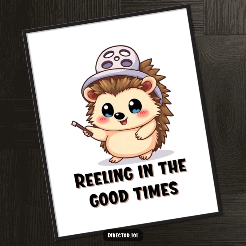 Funny Free Printable Hedgehog Director Wall Art: A cheerful hedgehog in a tiny film reel hat waves a pointer stick with wide, directorial eyes.