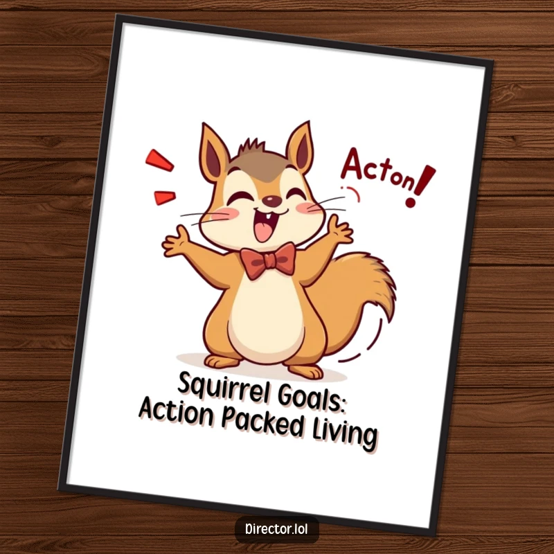 Funny Free Printable Wall Art: A squirrel in a tiny bow tie enthusiastically shouts Action! with a wagging tail, motivational decor.