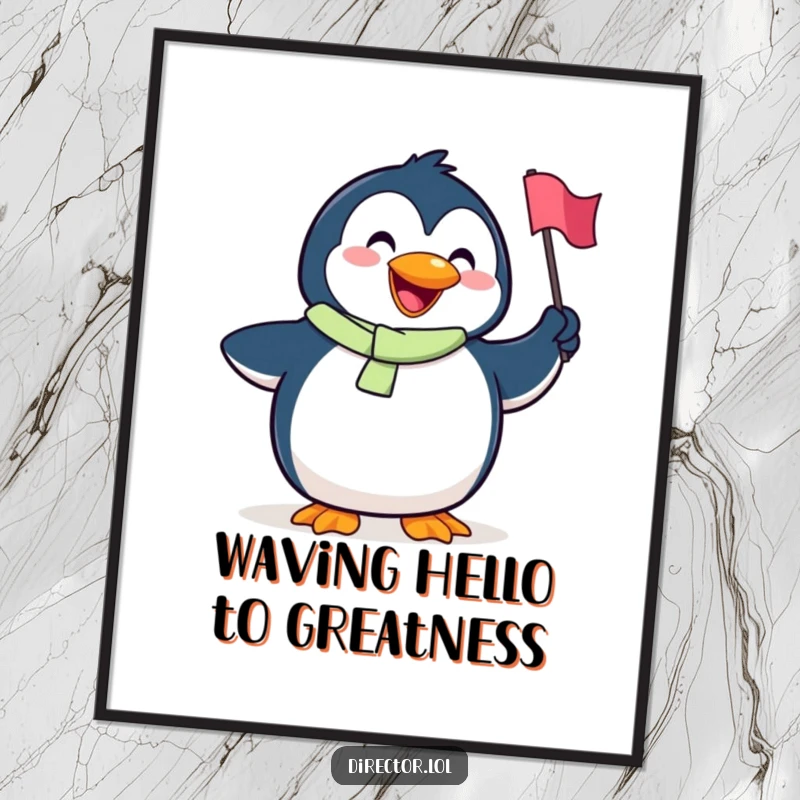 Funny Free Printable Wall Art: Goofy penguin character joyfully waving a tiny flag with a big smile.