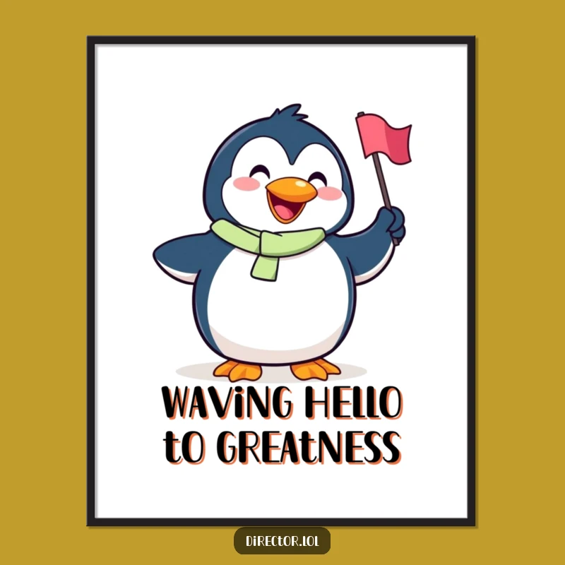Free Printable Penguin Wall Art: Waving Flag Funny Downloadable Decor