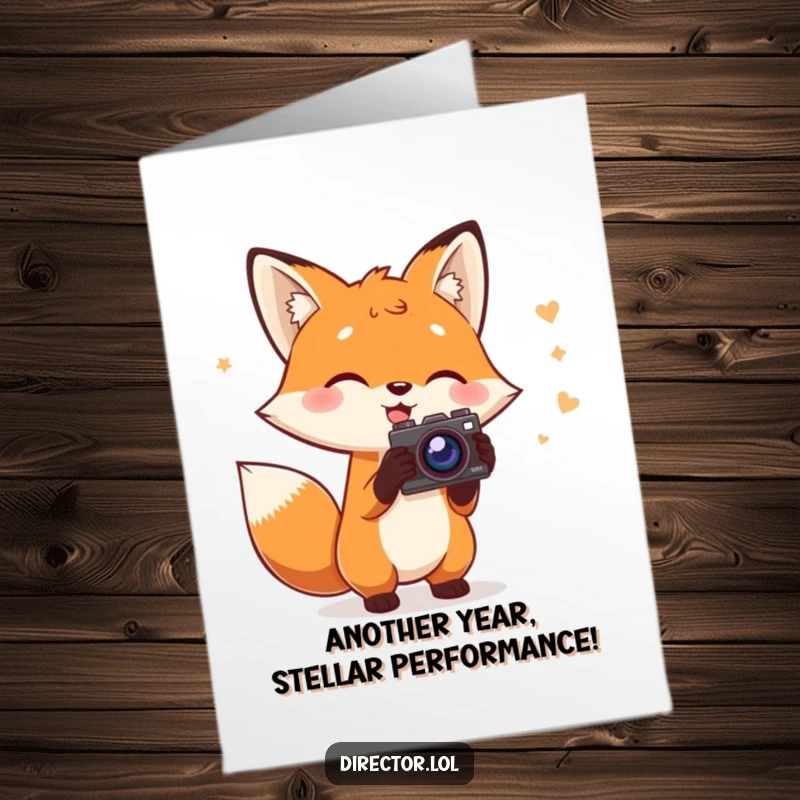 Funny Free Printable Birthday Card: Charming fox with script and prop camera gestures wildly, ready to film the party.