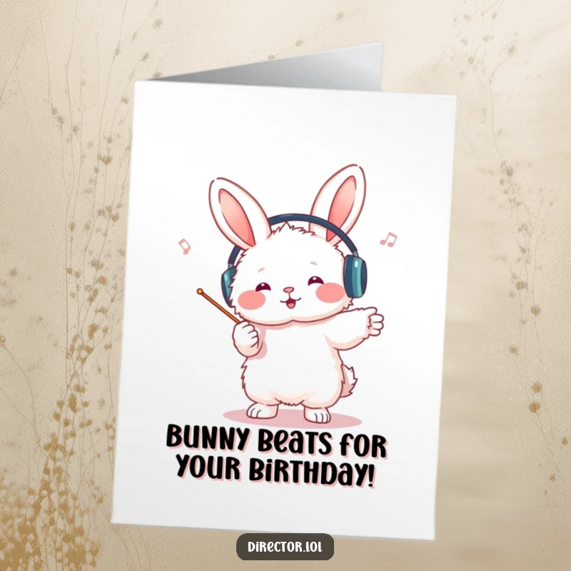 Funny Free Printable Bunny Conductor Birthday Card: A fluffy bunny in headphones leads an invisible orchestra with pure joy.