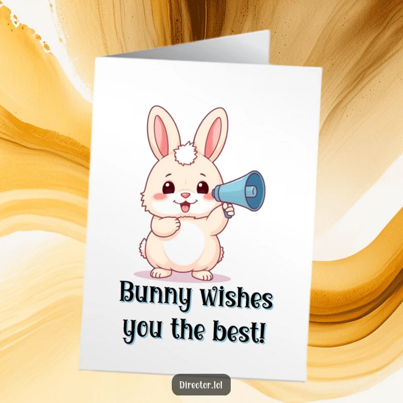 Funny Free Printable Birthday Card: Fluffy bunny in beret waving megaphone, ready to shout Happy Birthday!