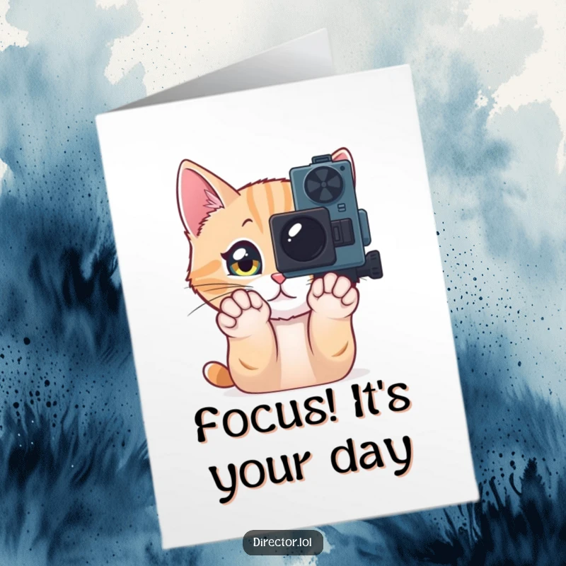 Funny free printable birthday card: a curious cat with wide eyes pawing at a vintage movie camera.