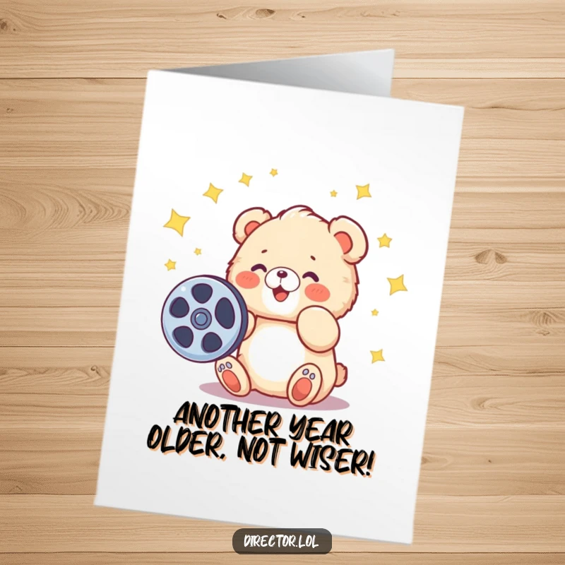 Funny Free Printable Birthday Card with a joyful bear cub spinning a film reel surrounded by stars.