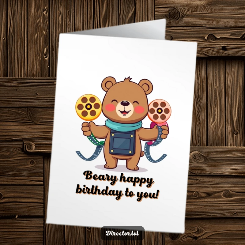 Funny Free Printable Bear Birthday Card: Smiling bear gleefully juggles colorful film reels, celebrating a birthday with joy.