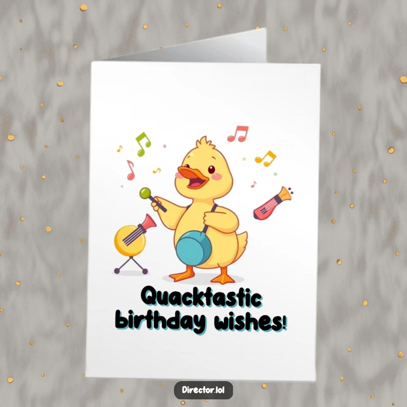 Funny Free Printable Birthday Card: A cute duckling energetically conducts a symphony of toy instruments, leading birthday fun.