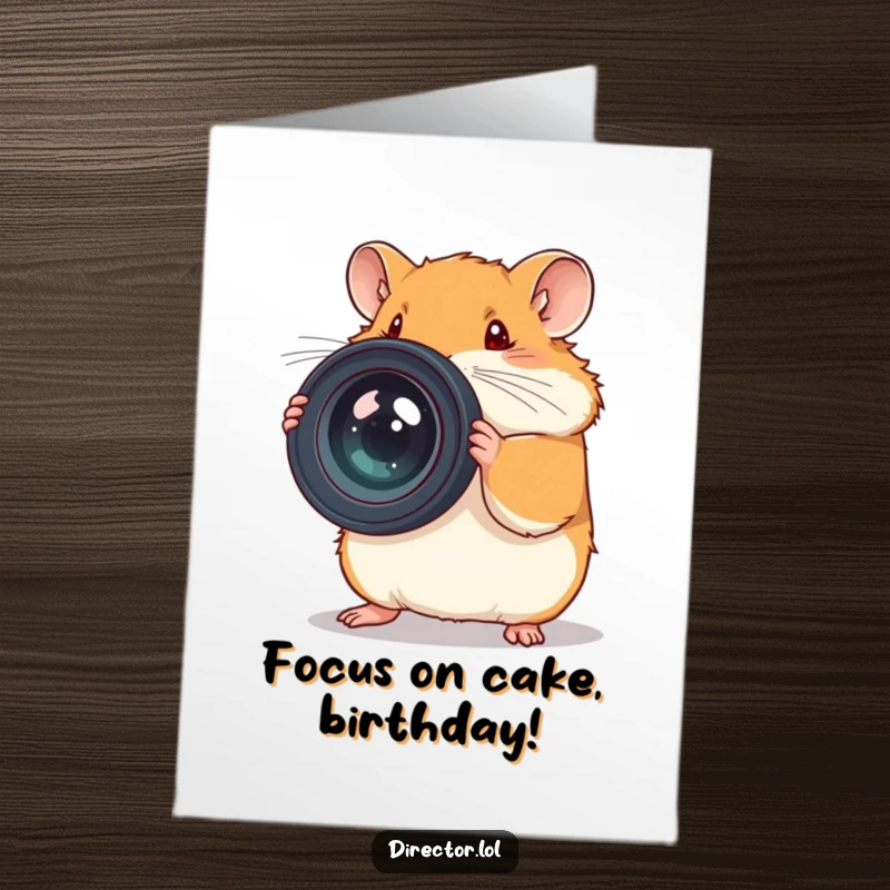 Funny Free Printable Birthday Card: Determined hamster meticulously adjusts a massive camera lens, ready to capture birthday joy.