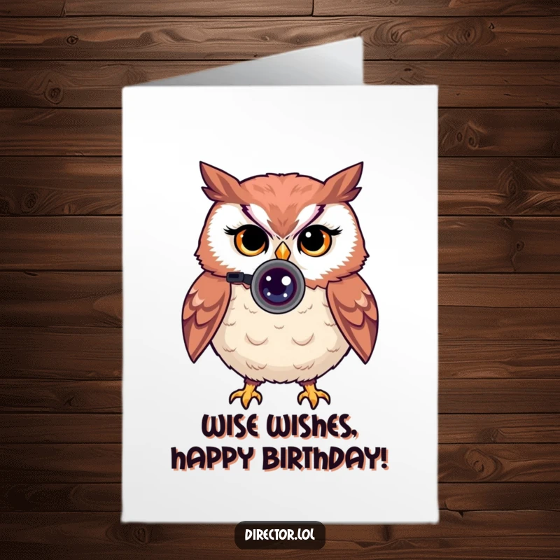 Funny Free Printable Birthday Card: Proud owl peers through tiny camera lens, winks knowing, celebrating a birthday.