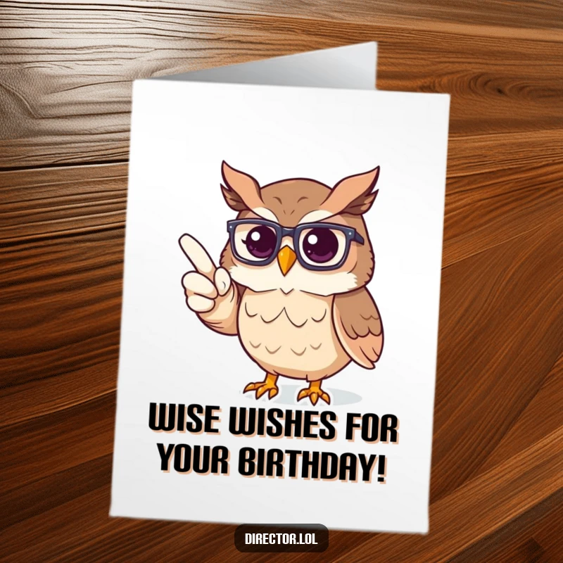 Funny Free Printable Birthday Card: A proud owl in glasses points towards an imaginary stage, offering birthday wisdom.