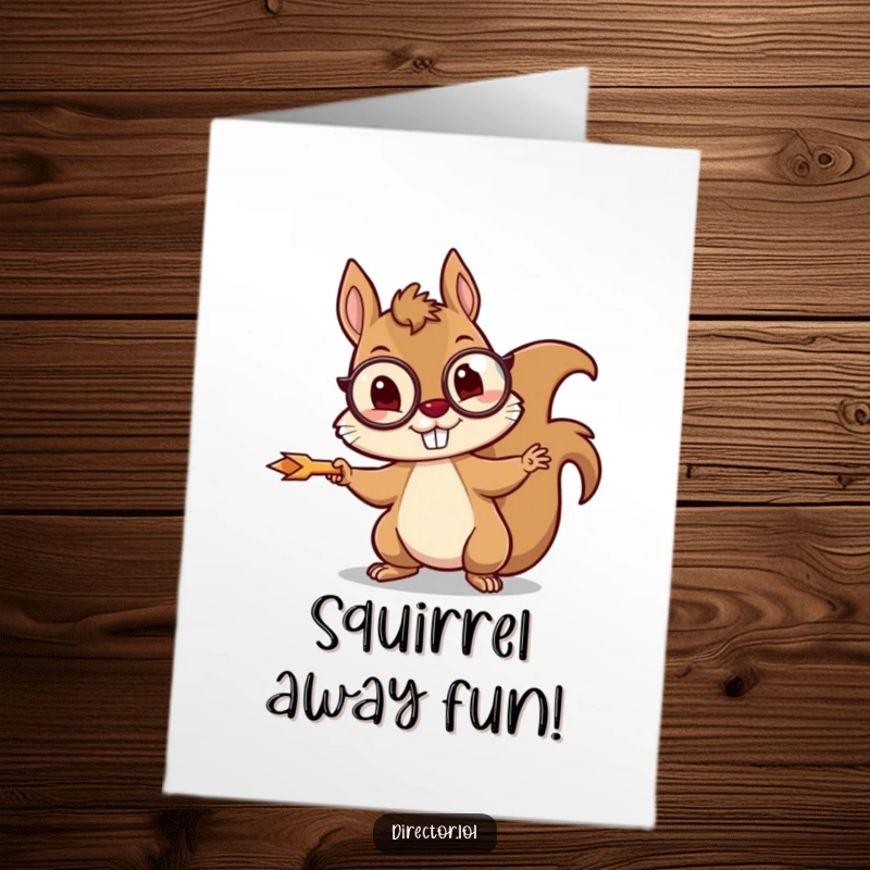 Funny Free Printable Birthday Card: A mischievous squirrel with a monocle points with a tiny arrow, directing birthday fun.