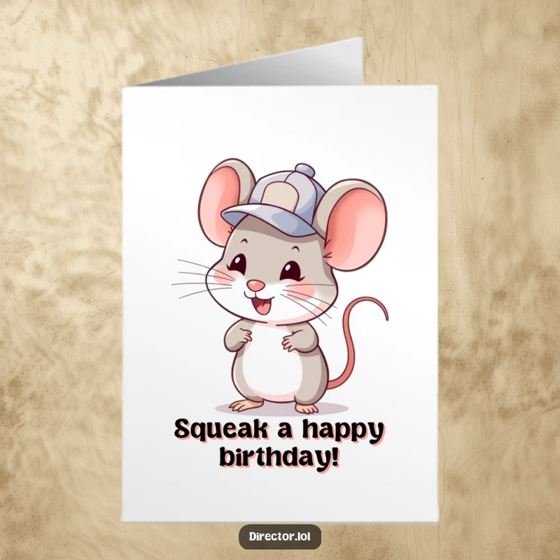 Funny Free Printable Birthday Card featuring a smiling mouse in a cap cueing a scene with a wink, perfect for birthdays.